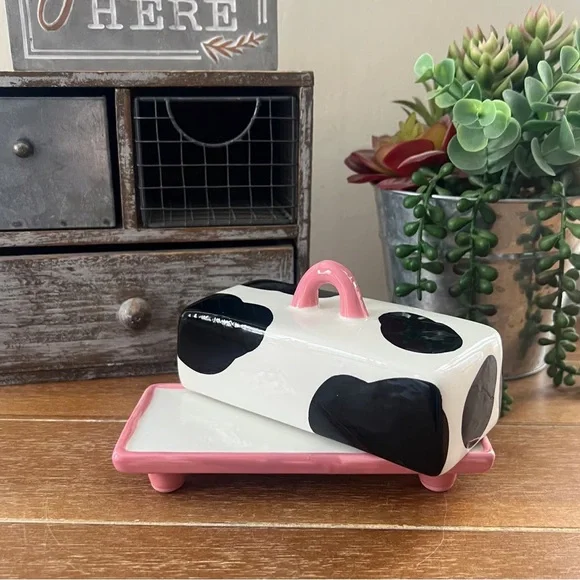 New Decorative Cow Print Ceramic Butter Dish - Picture 4 of 4